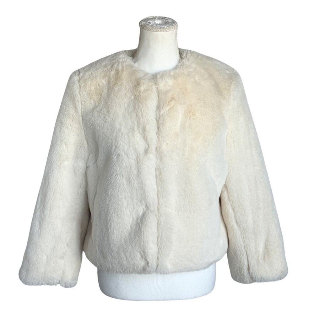 Levivel Cream Faux Fur Jacket S/M Cropped Open Front Ivory Plush Coat